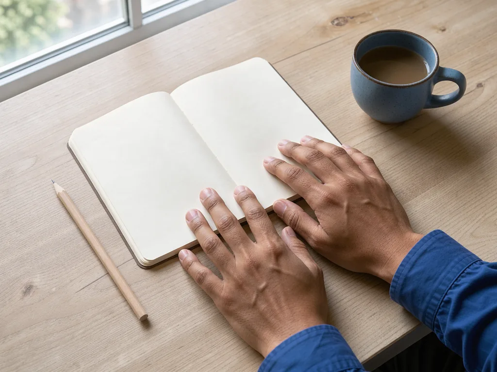 Hands resting beside a blank notebook on a light wooden table in soft window light.
